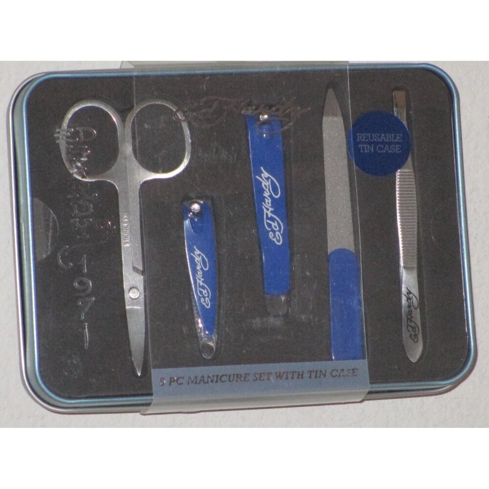 Ed Hardy 5 Piece Manicure Set With Reusable Tin Case Rare Blue Color New Box